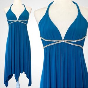 Y2K ABS Silky Blue Rhinestone Vintage Halter Handkerchief Scarf Slip Dress M 🔥